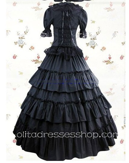 Black Cotton Square-collar Short Sleeve Floor-length Tiers Gothic Lolita Dress