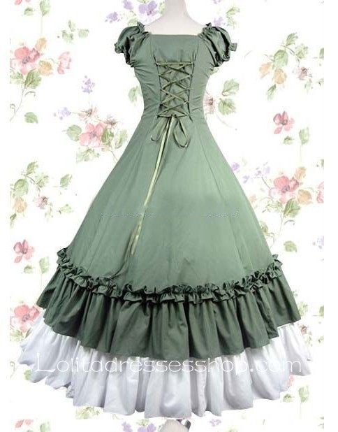Army Green Cotton Sweetheart Cap Sleeves Floor-length Pleats Gothic Lolita Dress
