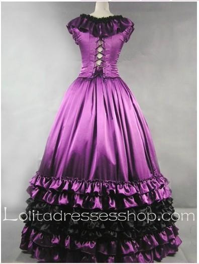 Purple Cotton Round Neck Sleeveless Floor-length Tiers Gothic Lolita Dress