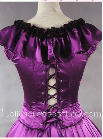 Purple Cotton Round Neck Sleeveless Floor-length Tiers Gothic Lolita Dress