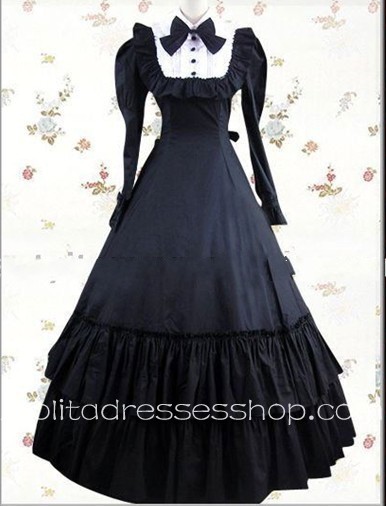 Black And White Cotton Turtleneck Long Sleeve Floor-length Bowknot Gothic Lolita Dress