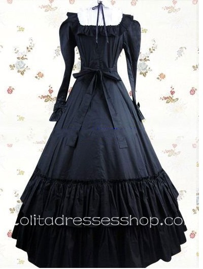 Black And White Cotton Turtleneck Long Sleeve Floor-length Bowknot Gothic Lolita Dress