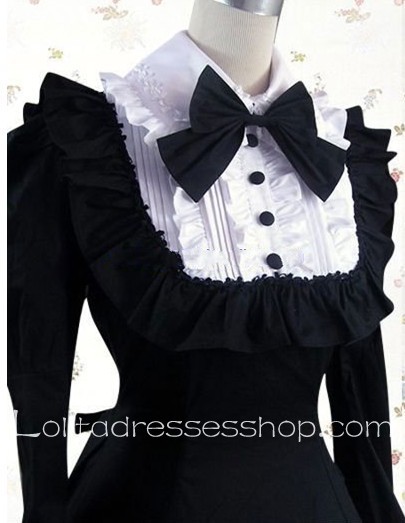 Black And White Cotton Turtleneck Long Sleeve Floor-length Bowknot Gothic Lolita Dress