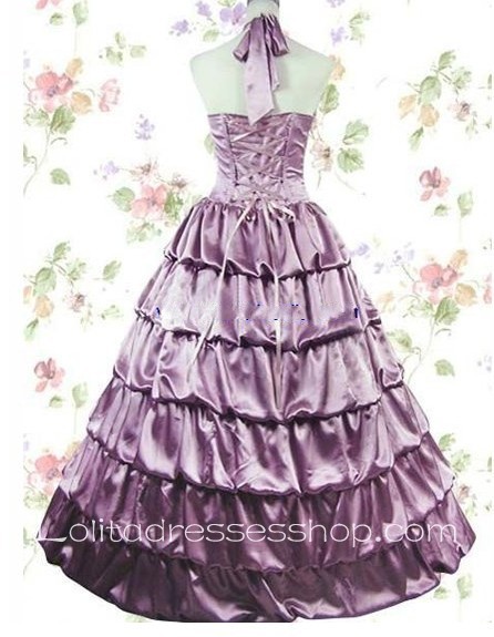 Light Purple Cotton Halter Sleeveless Floor-length Tiers Gothic Lolita Dress