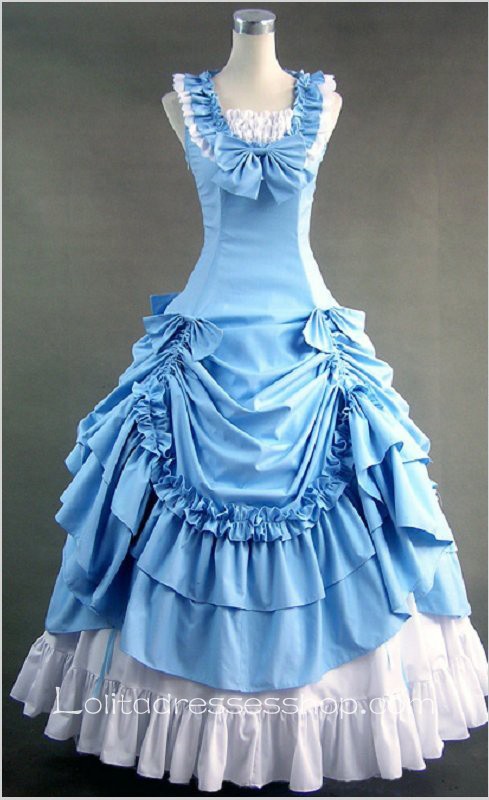 Blue Cotton Square-collar Sleeveless Floor-length Pleats Gothic Lolita Dress