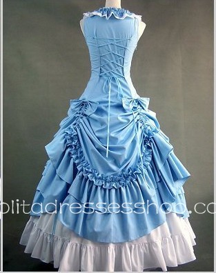 Blue Cotton Square-collar Sleeveless Floor-length Pleats Gothic Lolita Dress