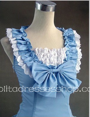 Blue Cotton Square-collar Sleeveless Floor-length Pleats Gothic Lolita Dress
