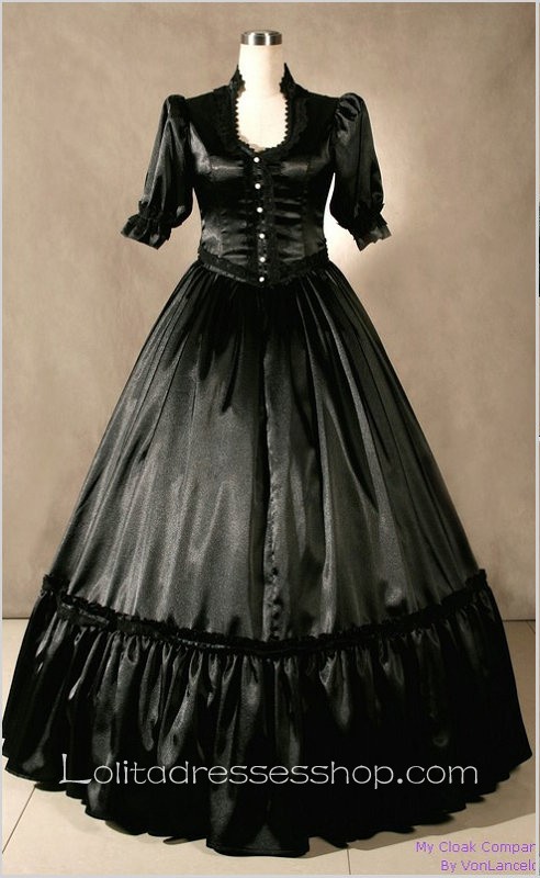 Black Cotton Round Neck Short Sleeve Floor-length Lace Trim Gothic Lolita Dress