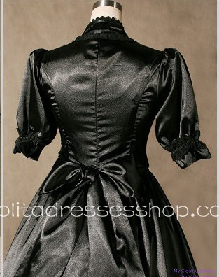 Black Cotton Round Neck Short Sleeve Floor-length Lace Trim Gothic Lolita Dress