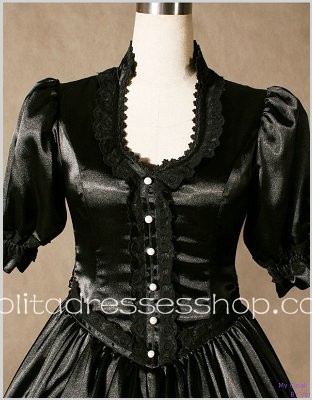 Black Cotton Round Neck Short Sleeve Floor-length Lace Trim Gothic Lolita Dress