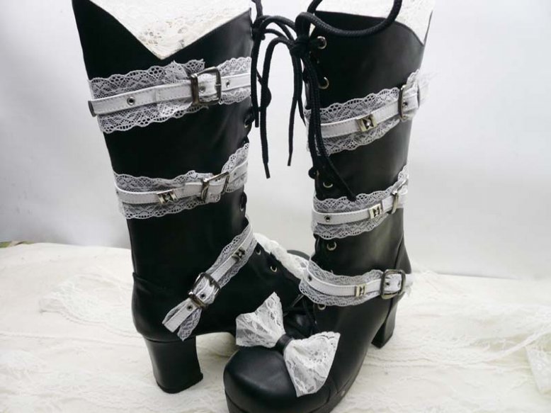 Black Heel Lacework PU Lolita Boots