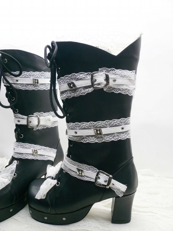 Black Heel Lacework PU Lolita Boots