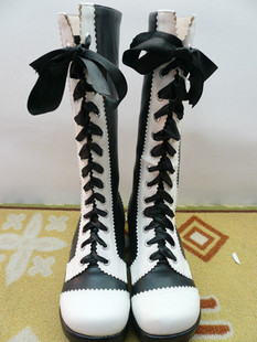 Black And White Ribbon Tied PU Lolita Boots