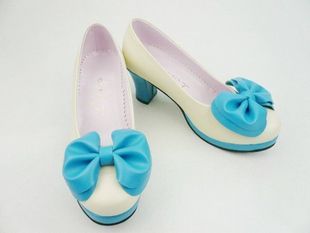 Blue Bowknot White PU Lolita Shoes