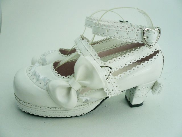 White Lacework Bowknots PU Lolita Shoes