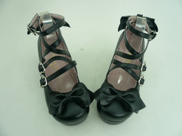 Sweet Black Bowknot Cross straps PU Lolita Shoes