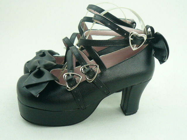 Sweet Black Bowknot Cross straps PU Lolita Shoes