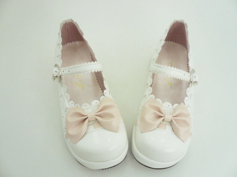 White Bowknot Lacework Scalloped PU Lolita Shoes