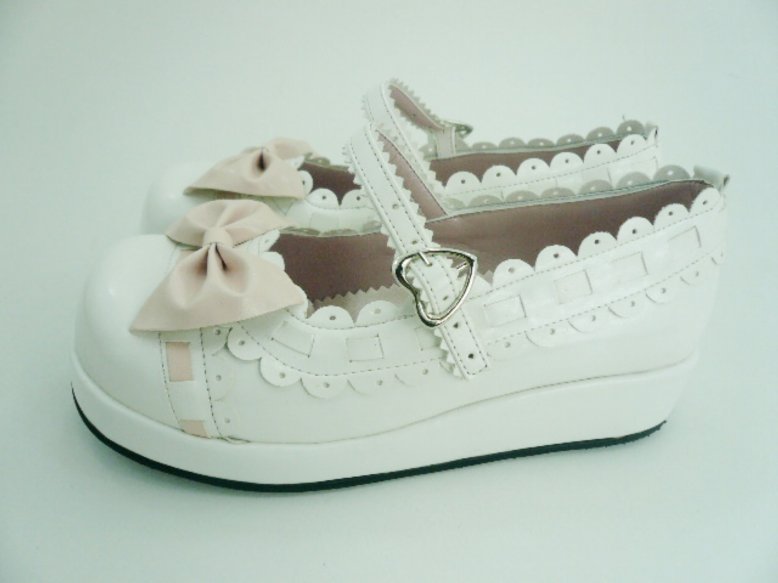 White Bowknot Lacework Scalloped PU Lolita Shoes