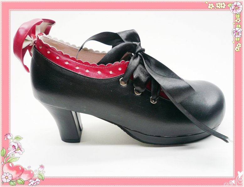Black Scalloped Ribbon Tied PU Lolita Shoes