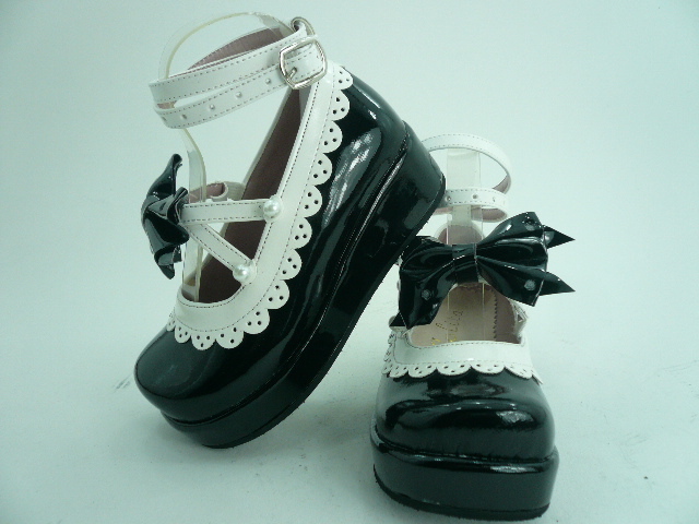 Black Bowknot Lacework Cross straps PU Lolita Shoes