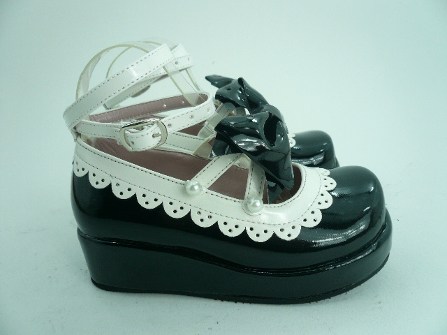 Black Bowknot Lacework Cross straps PU Lolita Shoes