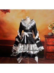 Black and White V-Neck Long Sleeves Short Lace Trim and Ruffles Cosplay Lolita Dress