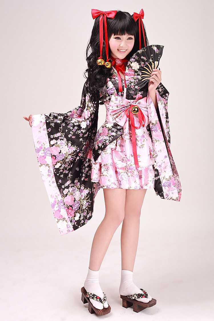 Black and Pink V-Neck Long Sleeves Short with Bowknot and Ringbells Cosplay Lolita Dress
