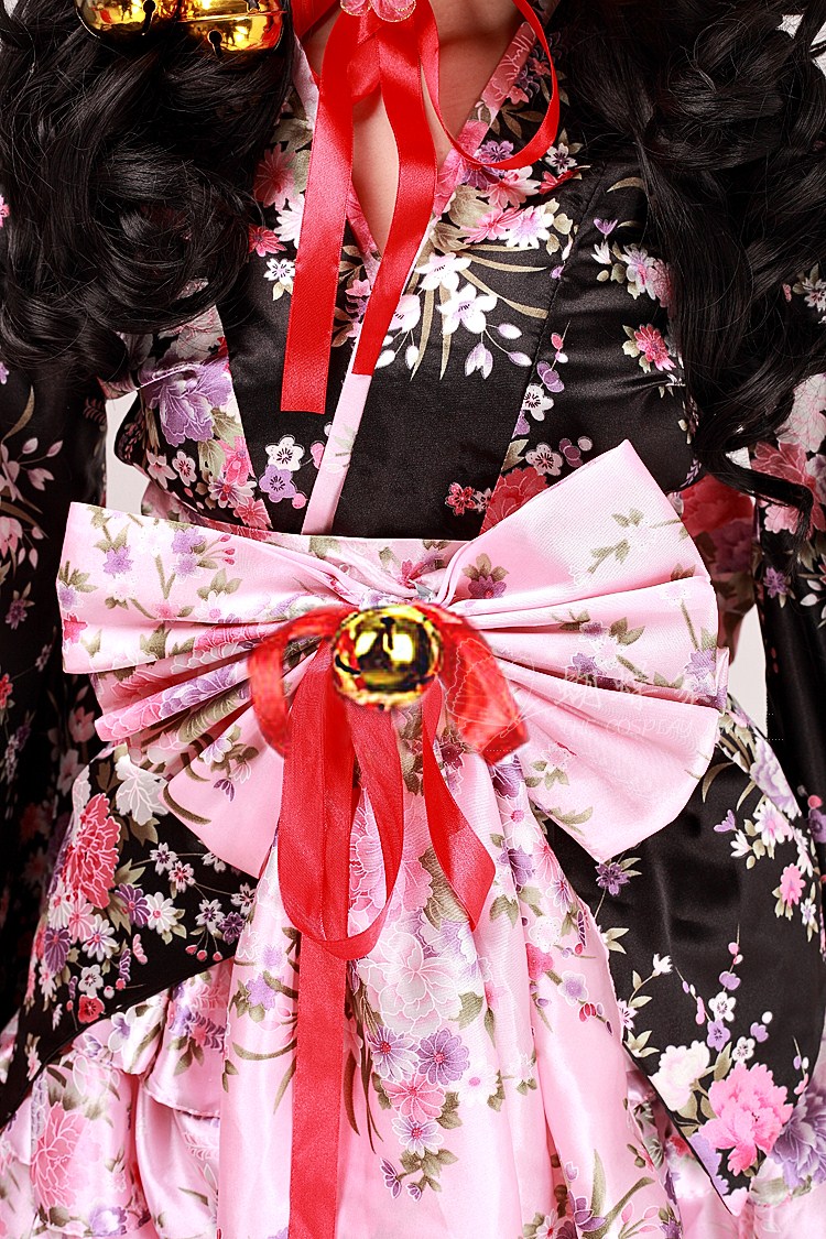 Black and Pink V-Neck Long Sleeves Short with Bowknot and Ringbells Cosplay Lolita Dress