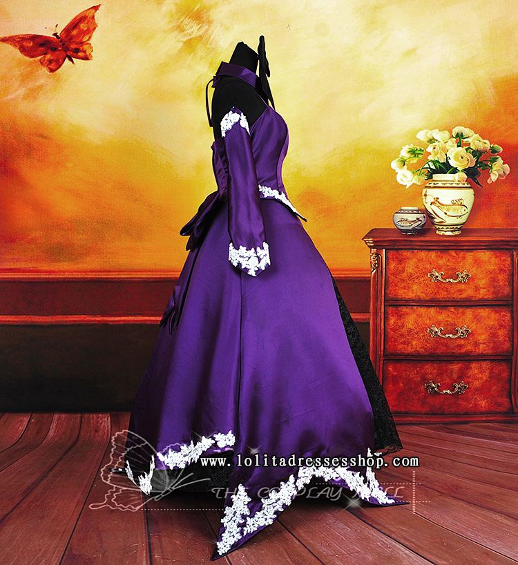 Dark Purple Halter Long Sleeve Floor-length Lace Trim With Bowknot Cosplay Lolita Dress