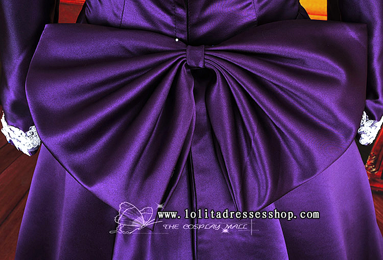 Dark Purple Halter Long Sleeve Floor-length Lace Trim With Bowknot Cosplay Lolita Dress