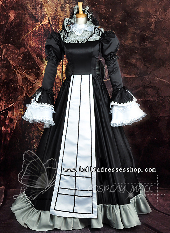 Black And White Collar with Lace Long Sleeve Lace Trim Ruffle Cosplay Lolita Dress