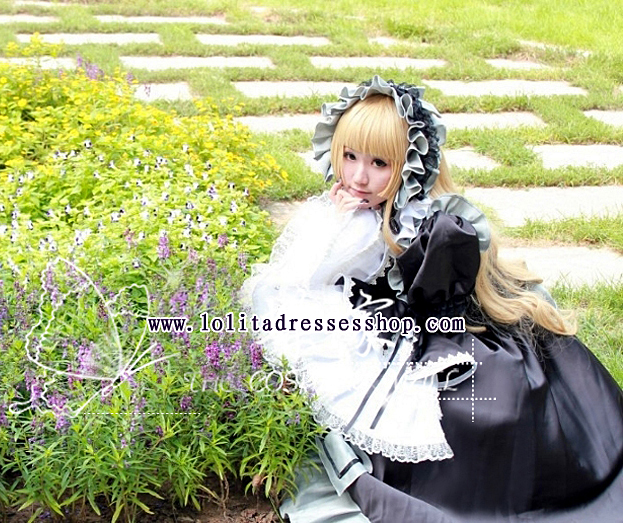 Black And White Collar with Lace Long Sleeve Lace Trim Ruffle Cosplay Lolita Dress