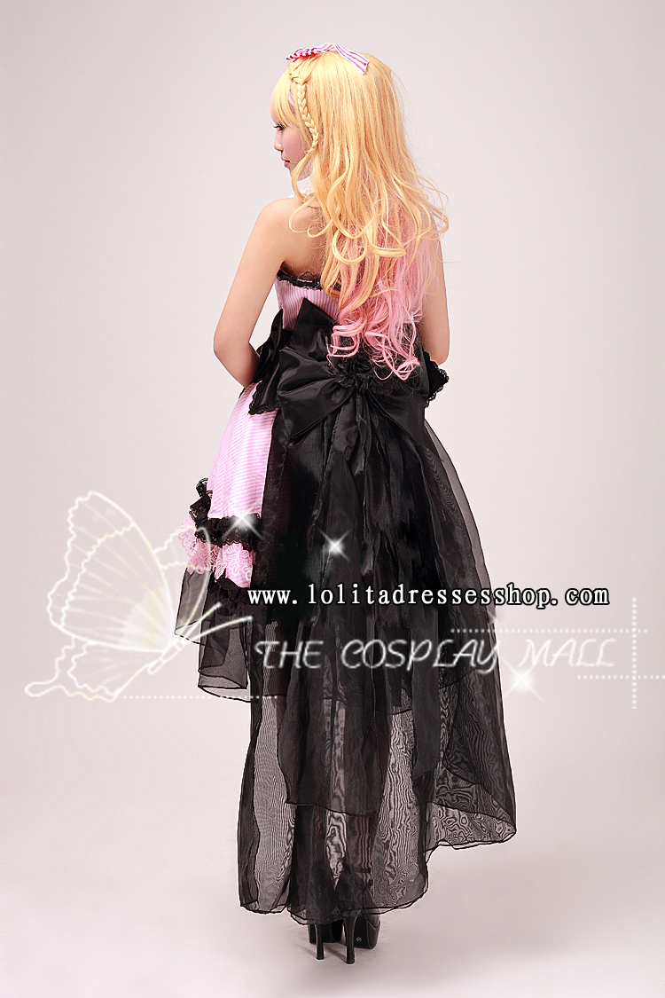 Black And Pink Turndown Collar Sleeveless High Low Lace Trim With Bowknot Cosplay Lolita Dress
