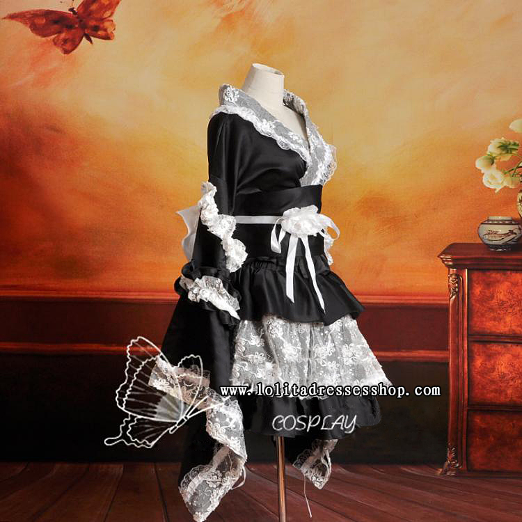 Black and White V-Neck Long Sleeves Short Lace Trim and Ruffles Cosplay Lolita Dress