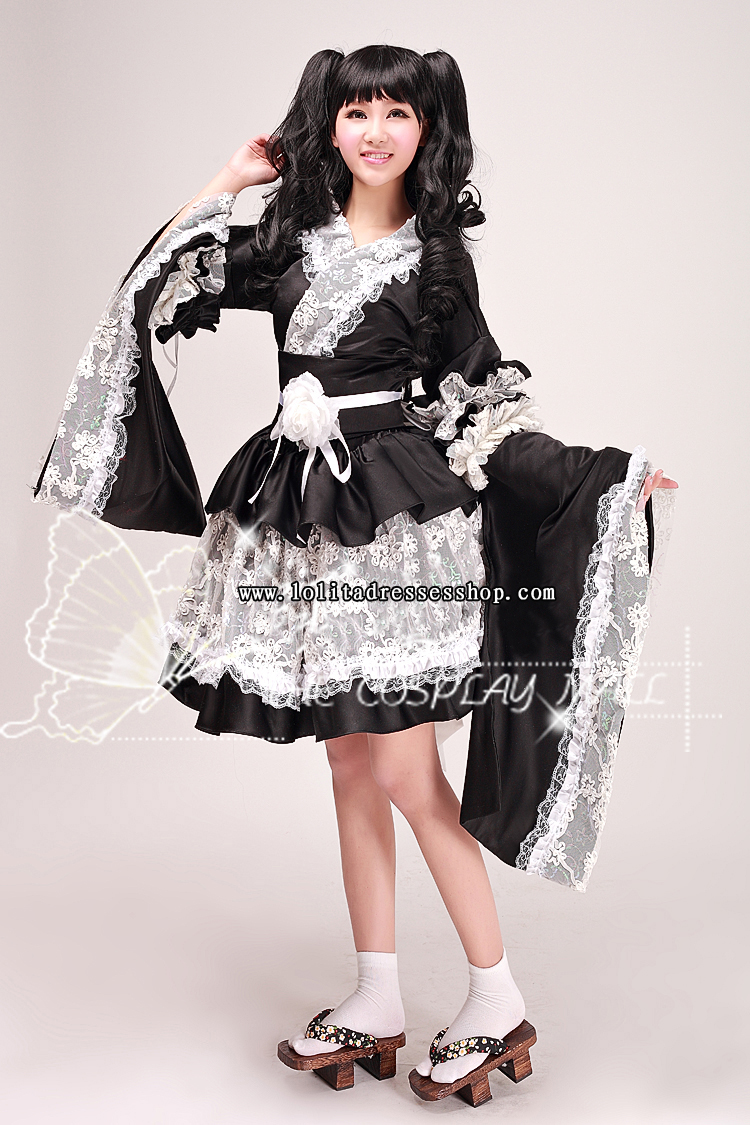 Black and White V-Neck Long Sleeves Short Lace Trim and Ruffles Cosplay Lolita Dress