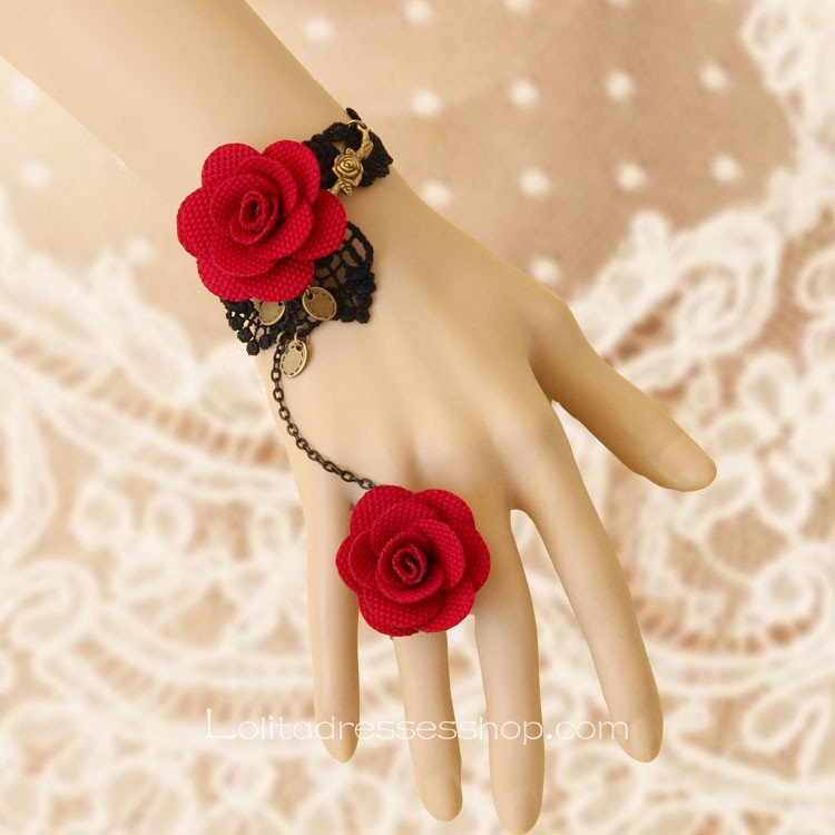 Black With Red Flowers Gothic Lace Lolita Bracelet