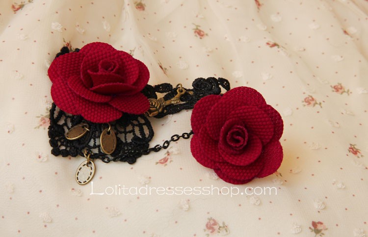 Black With Red Flowers Gothic Lace Lolita Bracelet