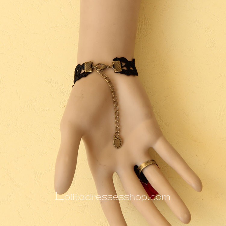 Black With Red Flowers Gothic Lace Lolita Bracelet