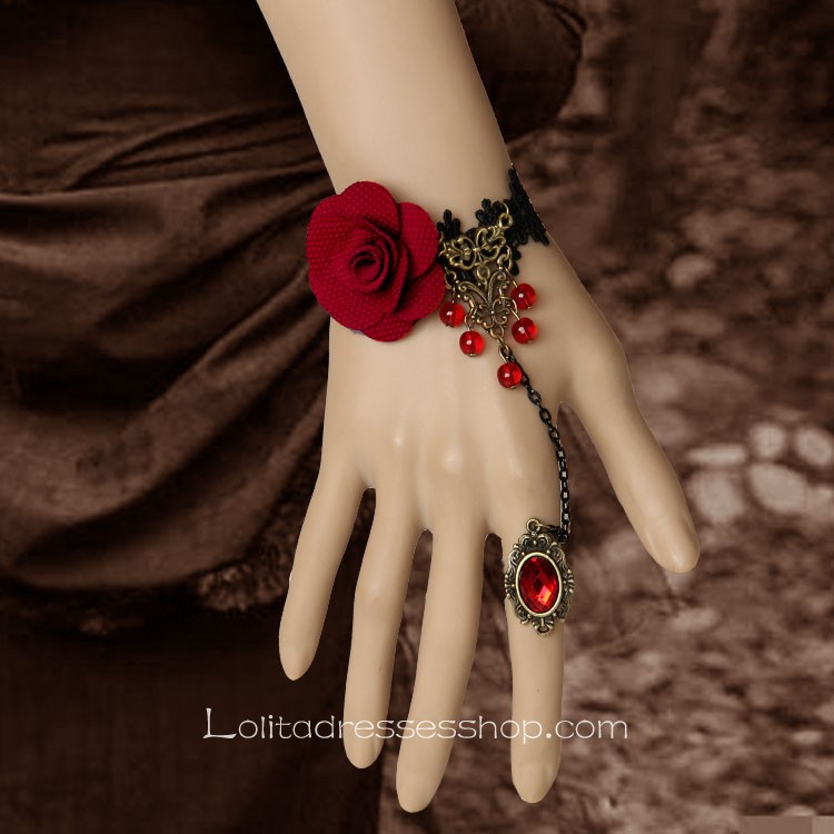 Gorgeous Red Flower With Ring Lolita Bracelet