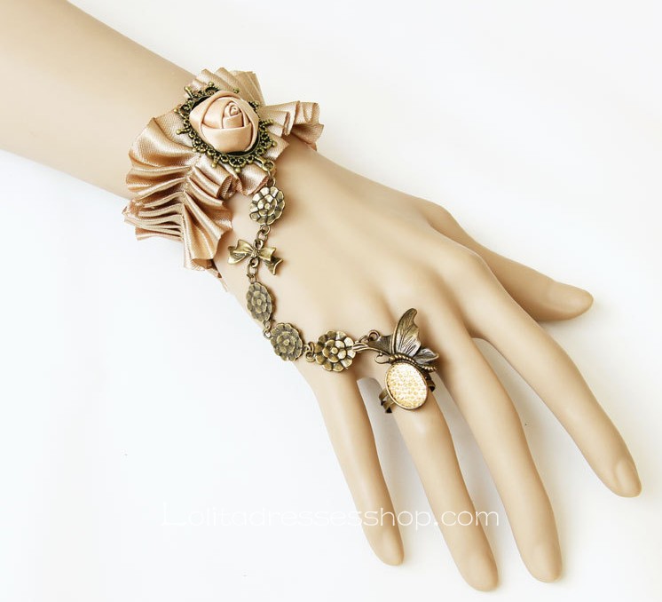 Vintage Coffee Pleats Satin With Ring Lolita Bracelet