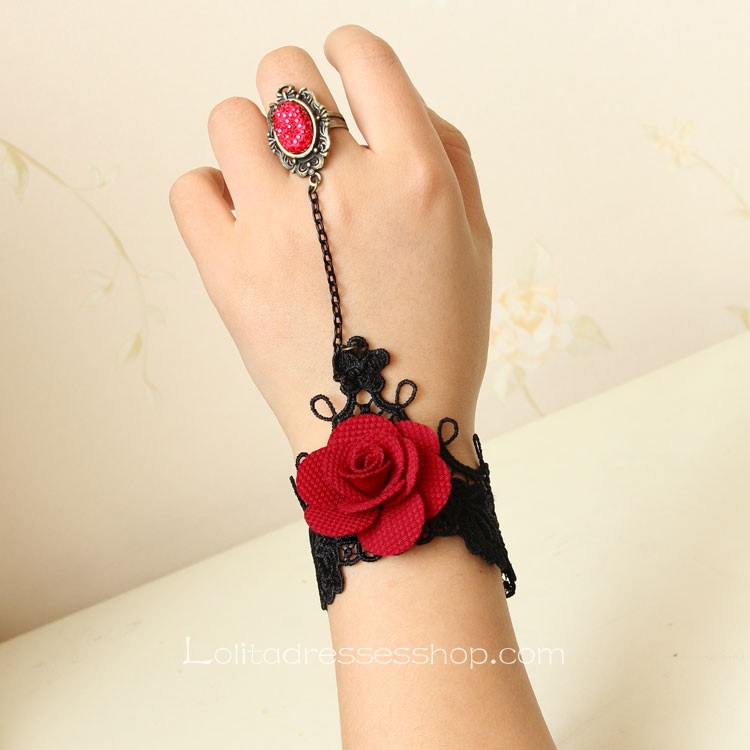 Black with Red Flower Gothic Lace Lolita Bracelet