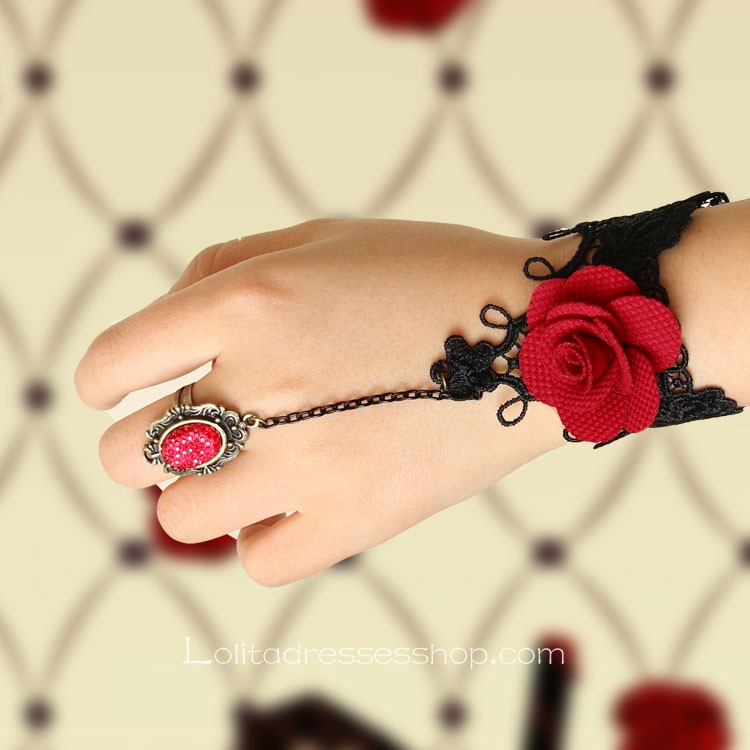 Black with Red Flower Gothic Lace Lolita Bracelet