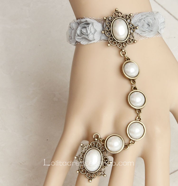 Light Grey With Flowers and Pearls Lace Lolita Bracelet