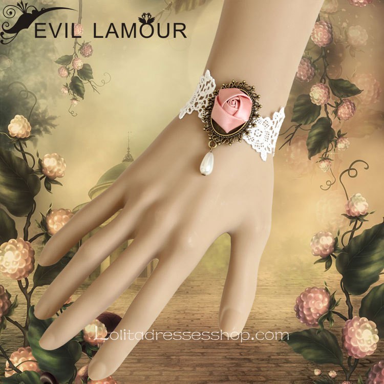 White Lace Pink Flower Sweet Lolita Bracelet