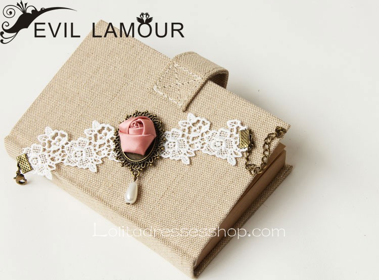 White Lace Pink Flower Sweet Lolita Bracelet