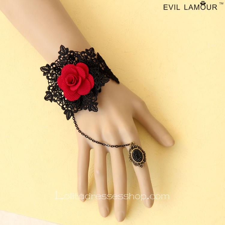 Black Lace Red Flower Lolita Bracelet