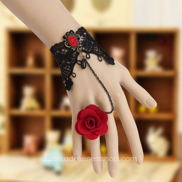 Black Lace Red Flower Lolita Bracelet