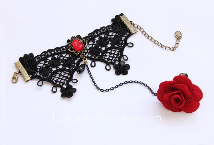 Black Lace Red Flower Lolita Bracelet