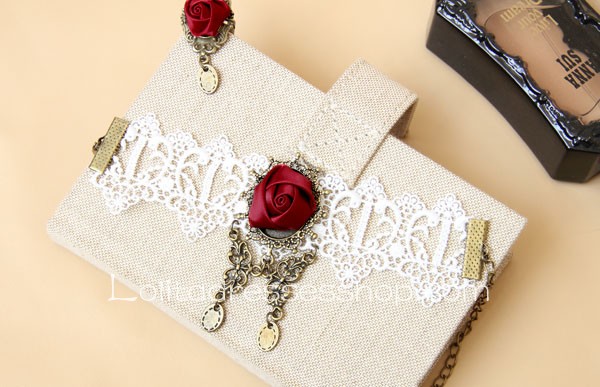 White Lace Red Flower Lolita Bracelet